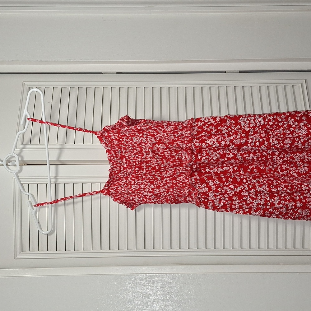 Pacific Vibes- Red and white floral spaghetti strap, maxi dress with slits (L)